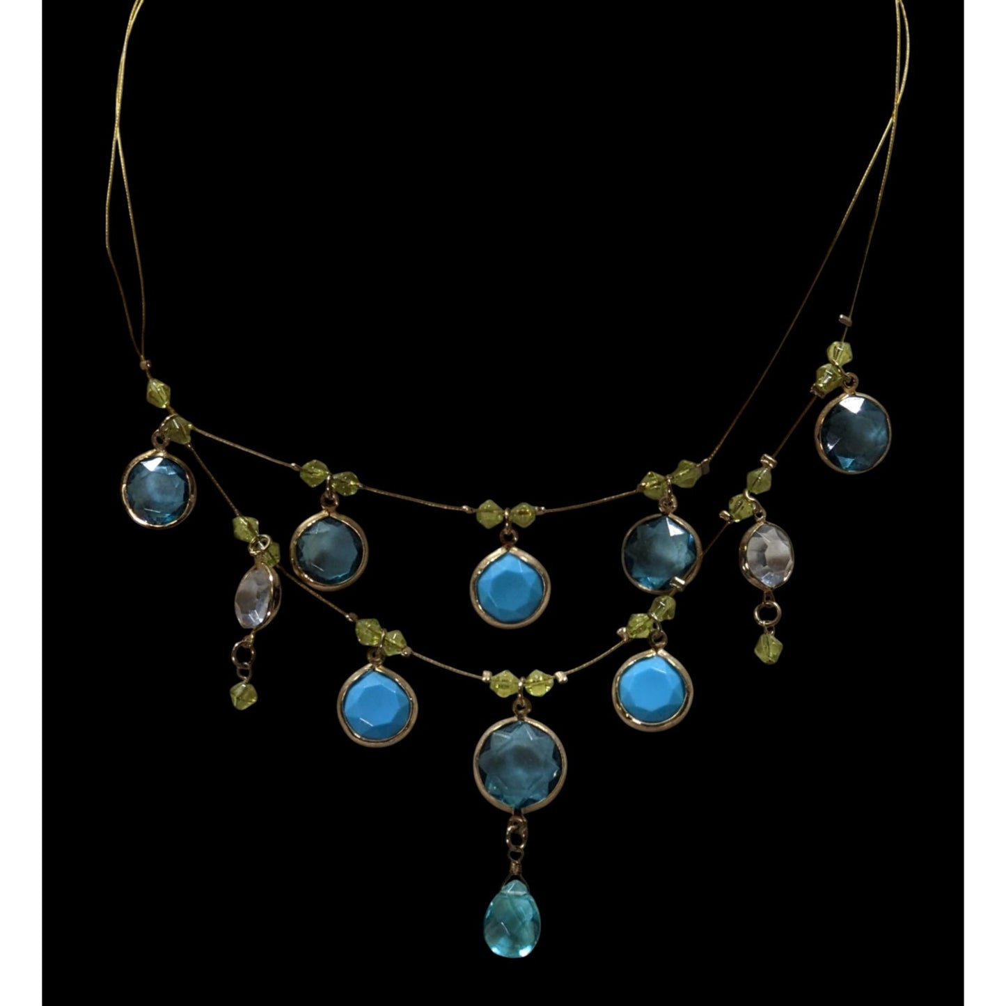 Elegant Blue And Green Gemmed Gold Tone Wire Necklace