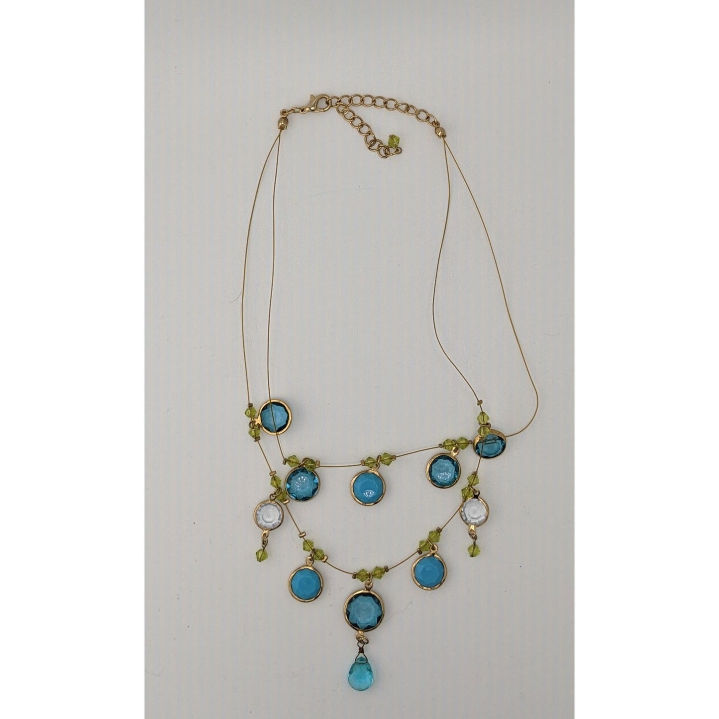 Elegant Blue And Green Gemmed Gold Tone Wire Necklace