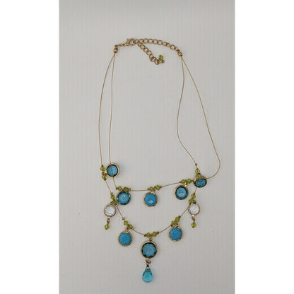 Elegant Blue And Green Gemmed Gold Tone Wire Necklace