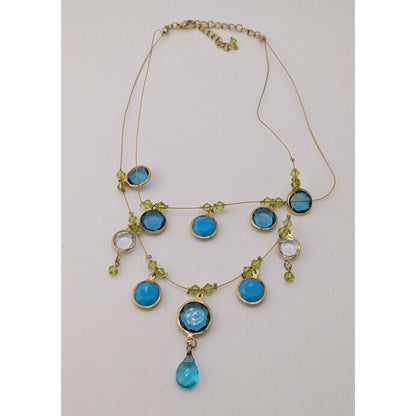 Elegant Blue And Green Gemmed Gold Tone Wire Necklace