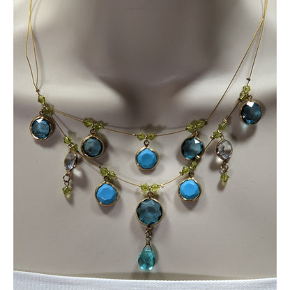 Elegant Blue And Green Gemmed Gold Tone Wire Necklace