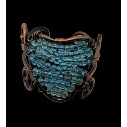 Handmade Copper Wire Wrapped Ring With Blue Glass Beads Adjustable Size 8
