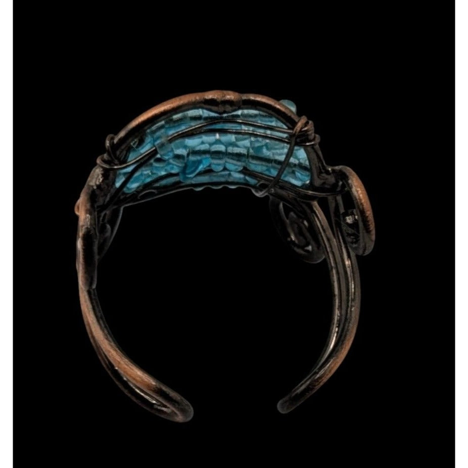 Handmade Copper Wire Wrapped Ring With Blue Glass Beads Adjustable Size 8