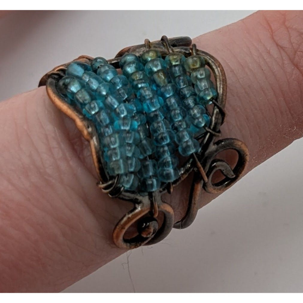 Handmade Copper Wire Wrapped Ring With Blue Glass Beads Adjustable Size 8