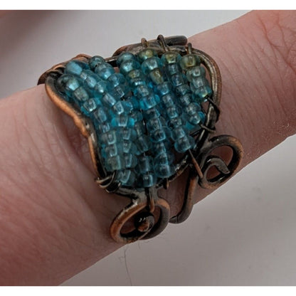Handmade Copper Wire Wrapped Ring With Blue Glass Beads Adjustable Size 8