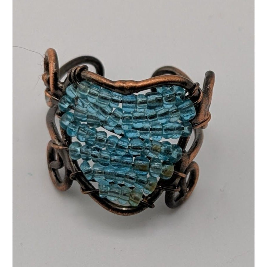 Handmade Copper Wire Wrapped Ring With Blue Glass Beads Adjustable Size 8