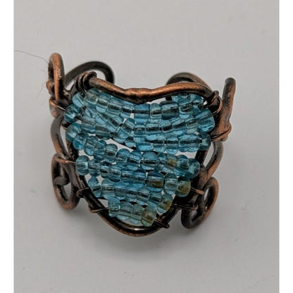 Handmade Copper Wire Wrapped Ring With Blue Glass Beads Adjustable Size 8