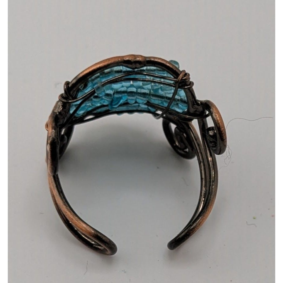 Handmade Copper Wire Wrapped Ring With Blue Glass Beads Adjustable Size 8