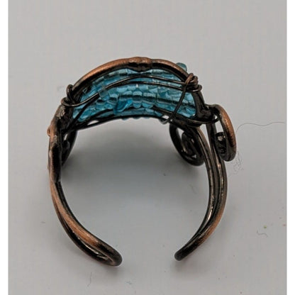Handmade Copper Wire Wrapped Ring With Blue Glass Beads Adjustable Size 8