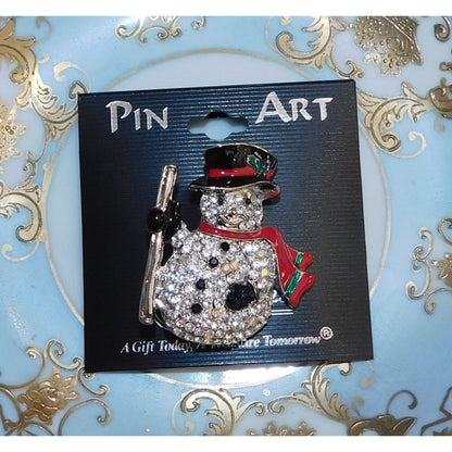 Vintage Pin Art Spoontiques Rhinestone Snowman Brooch