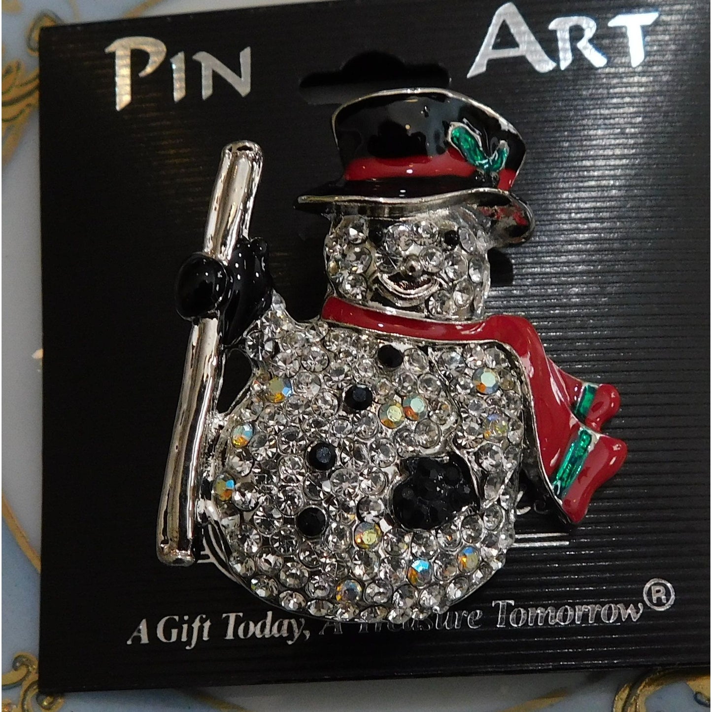 Vintage Pin Art Spoontiques Rhinestone Snowman Brooch