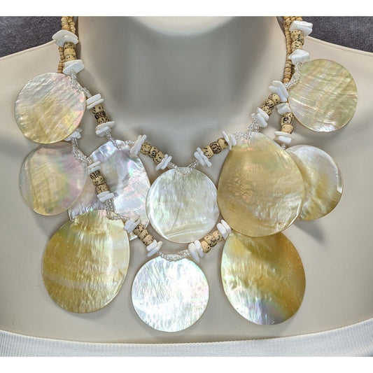 Vintage Mermaidcore Shell Wood Bib Necklace | Statement Jewelry