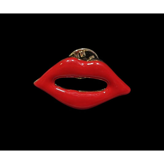 Vintage Open Red Lips Enamel Over Gold Tone Metal Lapel Pin
