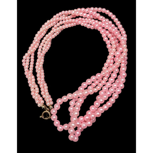 Coquette Pink Faux Pearl Triple Strand Twisted Necklace