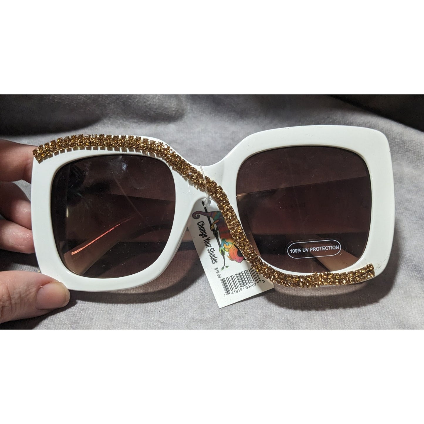 Change Your Shades White And Gold Rhinestone Sunglasses