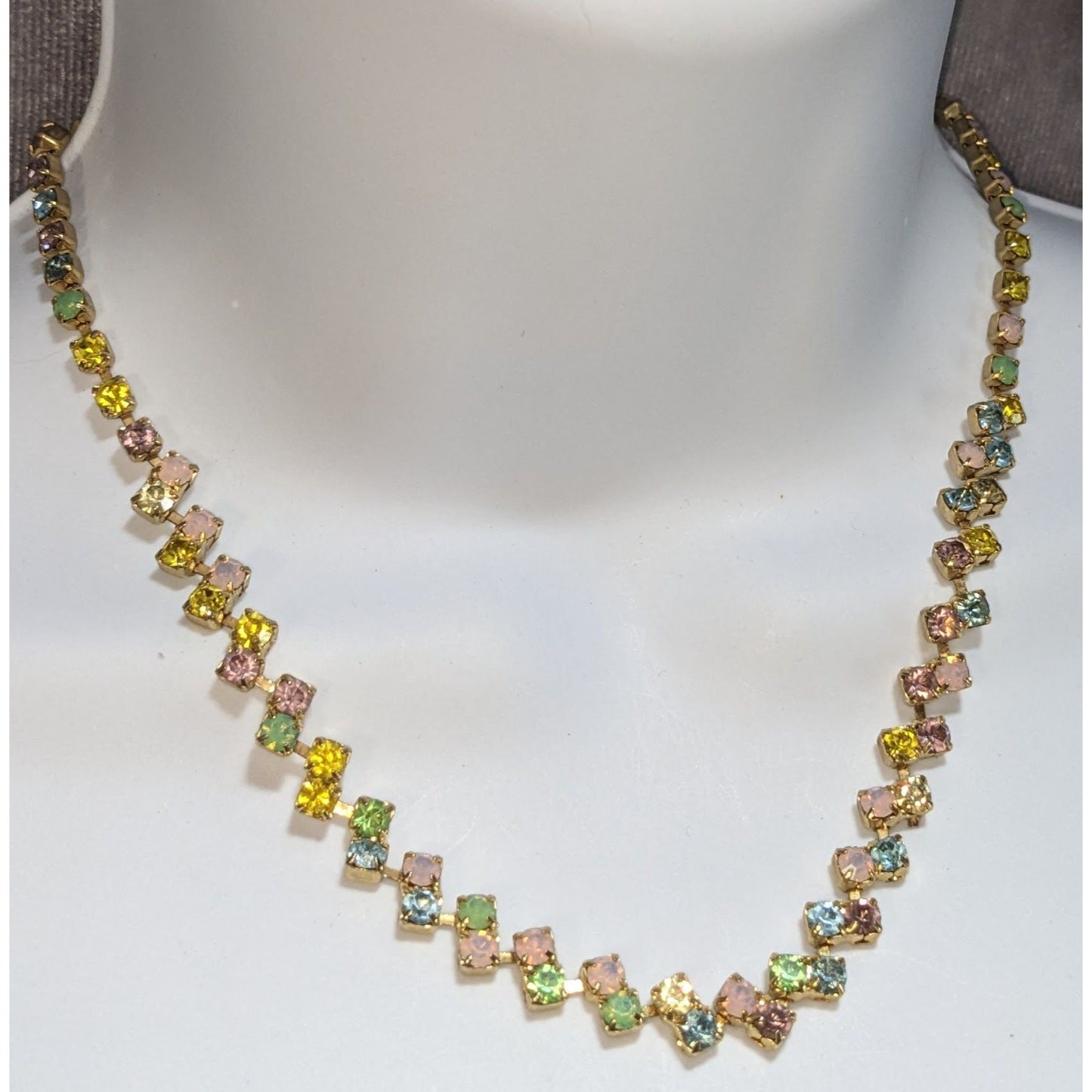 Coquette Vintage Pastel Rhinestone Necklace Rainbow Crystal Tennis Necklace Gold Tone