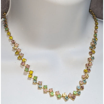 Coquette Vintage Pastel Rhinestone Necklace Rainbow Crystal Tennis Necklace Gold Tone