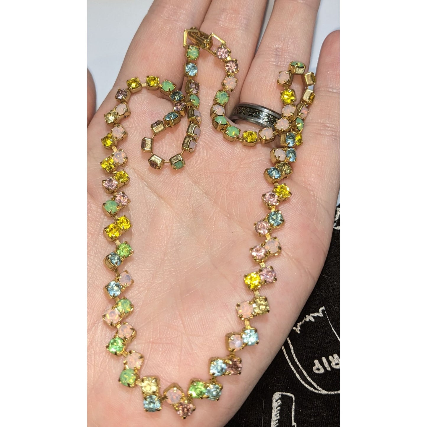 Coquette Vintage Pastel Rhinestone Necklace Rainbow Crystal Tennis Necklace Gold Tone