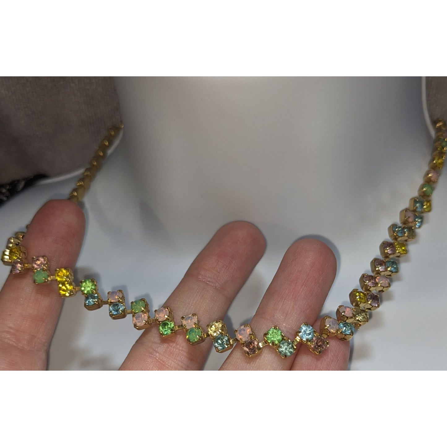 Coquette Vintage Pastel Rhinestone Necklace Rainbow Crystal Tennis Necklace Gold Tone
