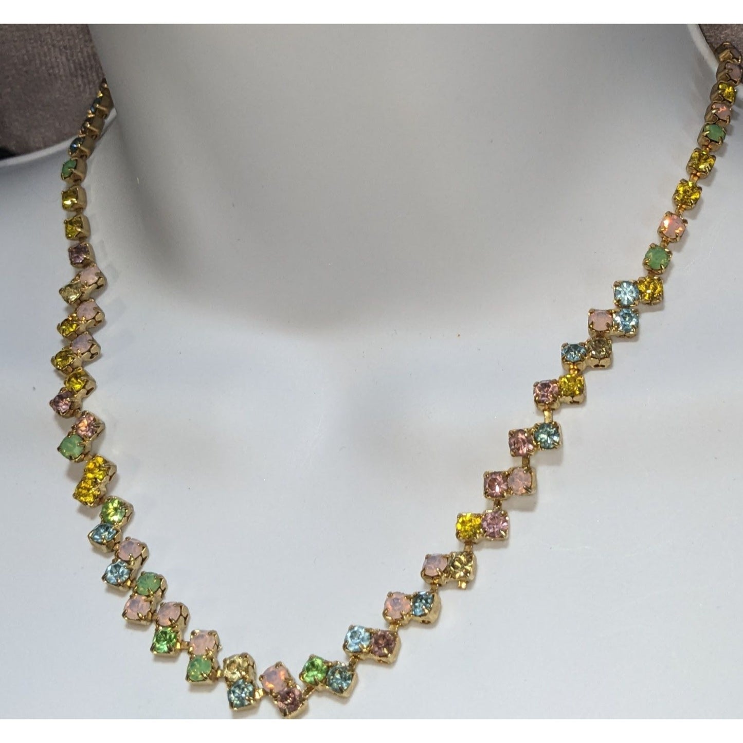 Coquette Vintage Pastel Rhinestone Necklace Rainbow Crystal Tennis Necklace Gold Tone