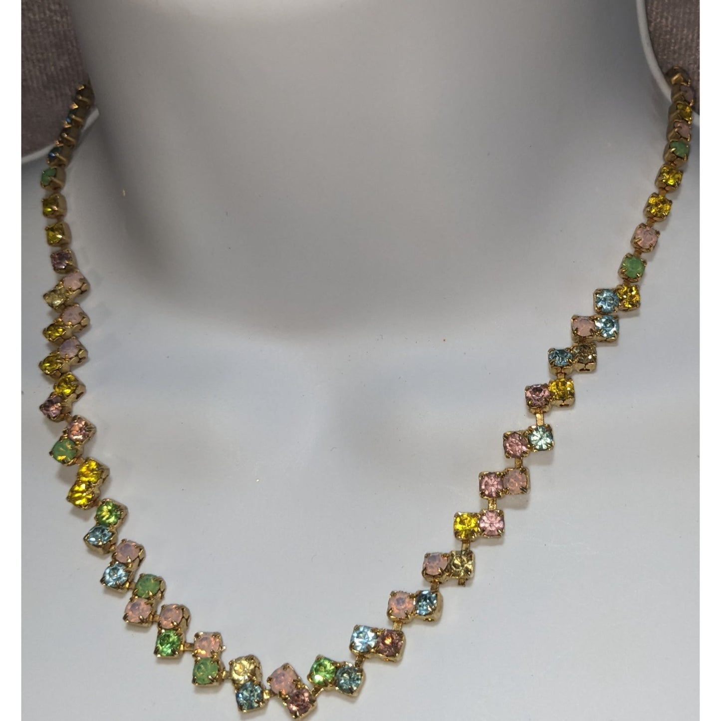 Coquette Vintage Pastel Rhinestone Necklace Rainbow Crystal Tennis Necklace Gold Tone