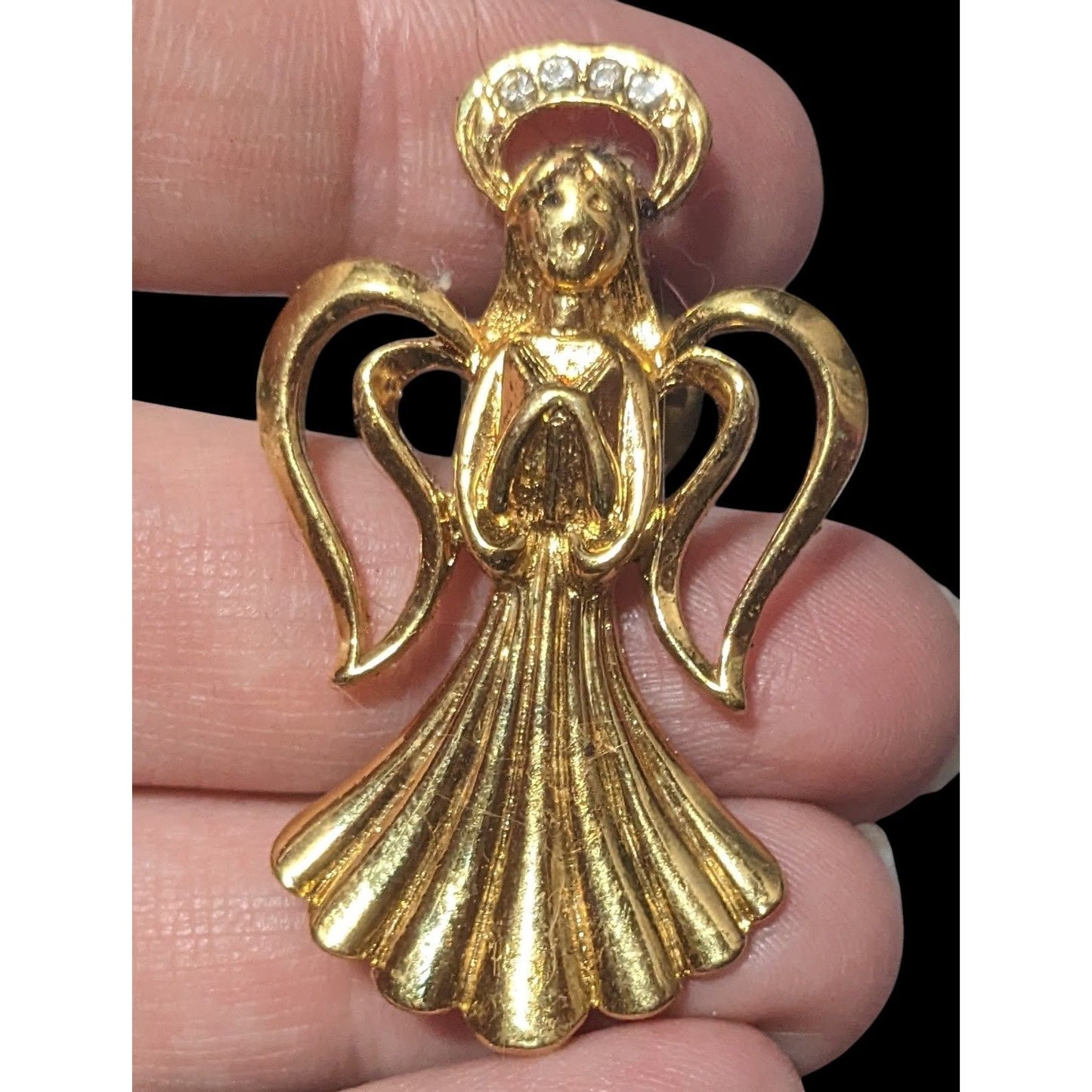 Vintage Guardian Angel Gold Tone Rhinestone Halo Lapel Pin