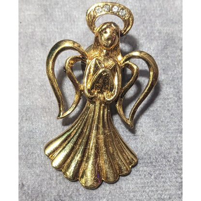 Vintage Guardian Angel Gold Tone Rhinestone Halo Lapel Pin