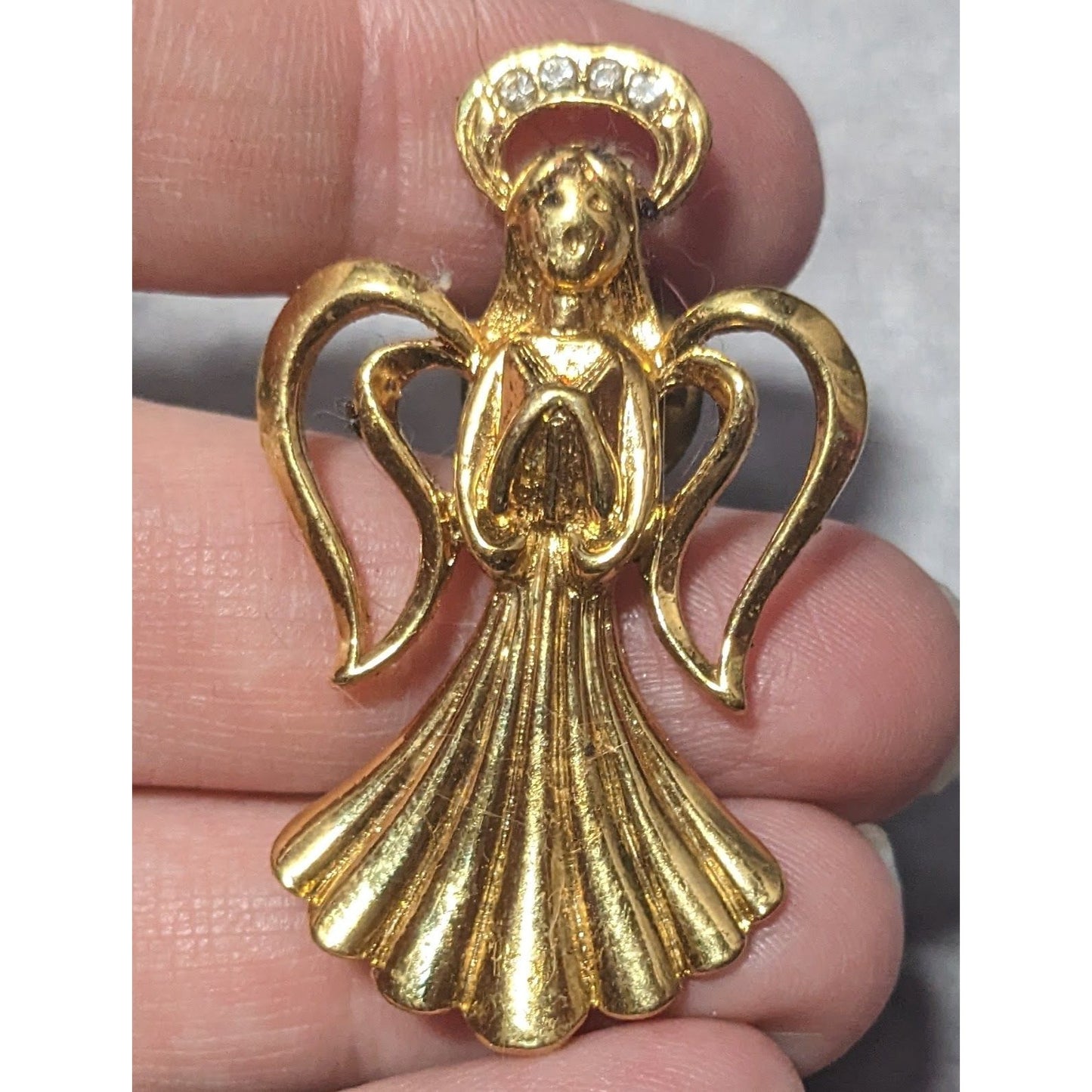 Vintage Guardian Angel Gold Tone Rhinestone Halo Lapel Pin