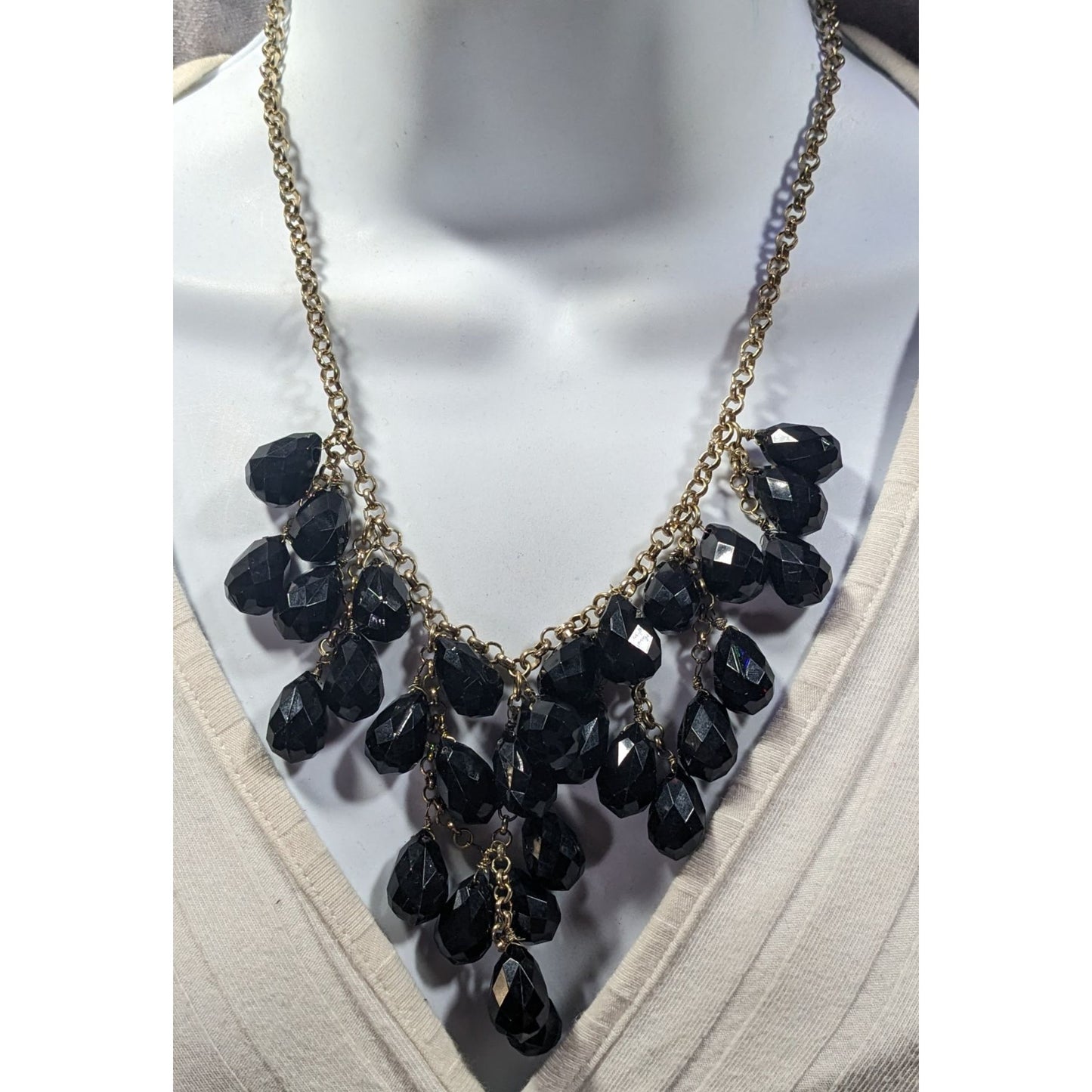 Glam Goth Fringe Bib Black And Gold Tone Beaded Necklace
