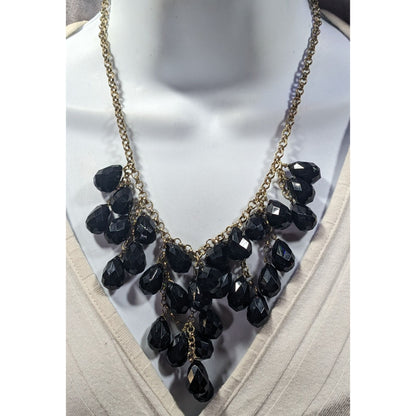 Glam Goth Fringe Bib Black And Gold Tone Beaded Necklace