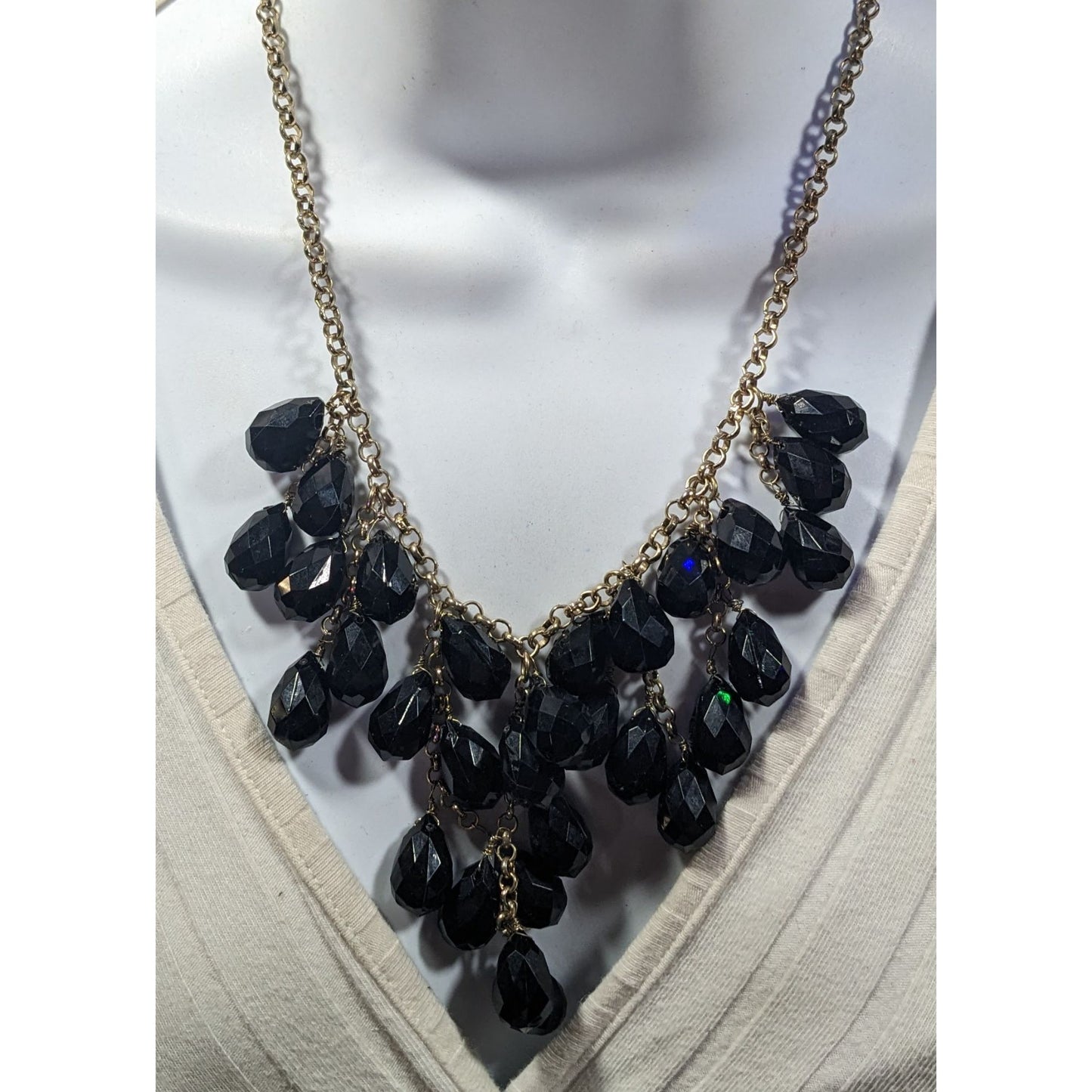 Glam Goth Fringe Bib Black And Gold Tone Beaded Necklace