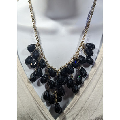 Glam Goth Fringe Bib Black And Gold Tone Beaded Necklace