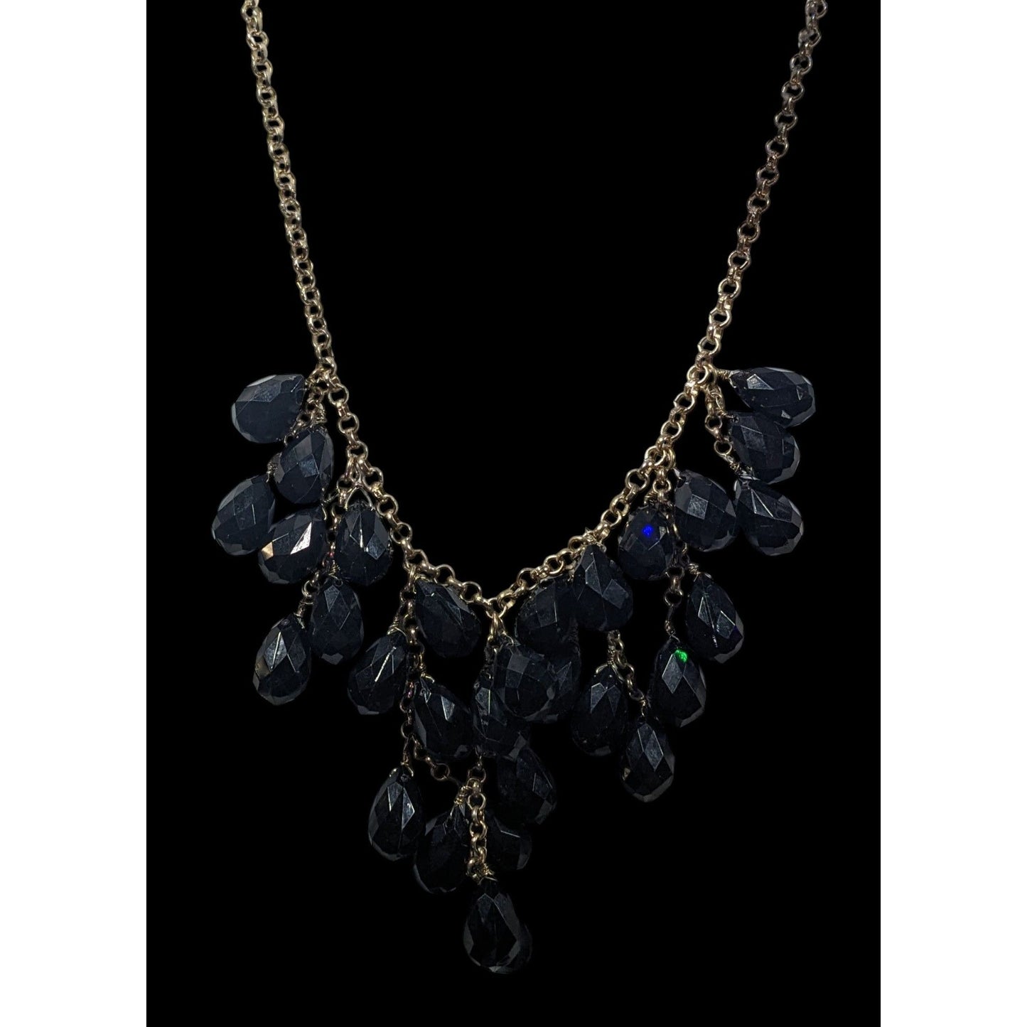 Glam Goth Fringe Bib Black And Gold Tone Beaded Necklace