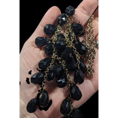 Glam Goth Fringe Bib Black And Gold Tone Beaded Necklace