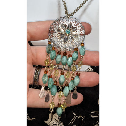 Boho Ethereal Silver Tone Filigree Floral Medallion Beaded Fringe Necklace