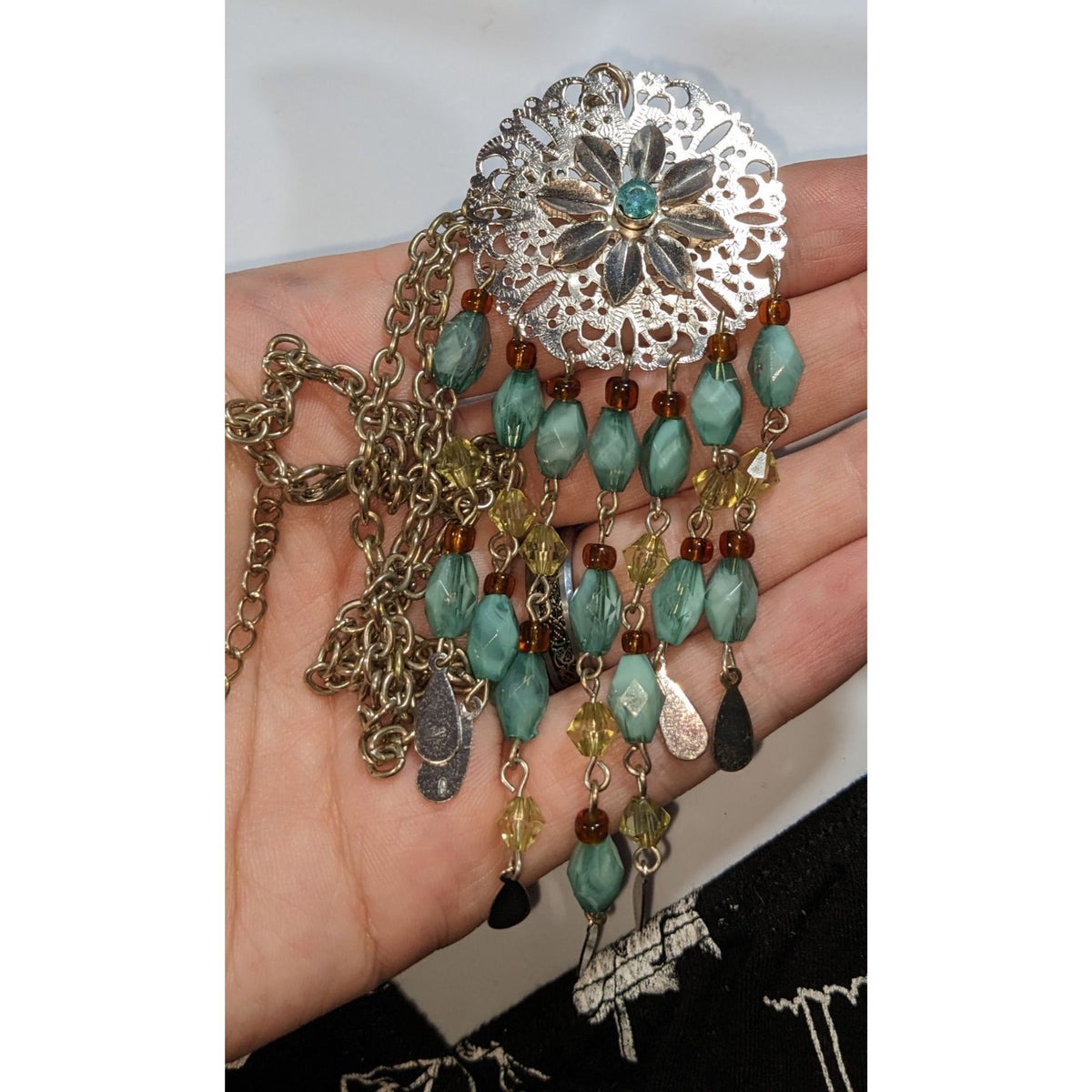 Boho Ethereal Silver Tone Filigree Floral Medallion Beaded Fringe Necklace