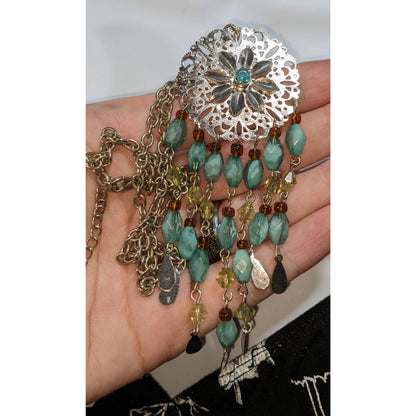 Boho Ethereal Silver Tone Filigree Floral Medallion Beaded Fringe Necklace