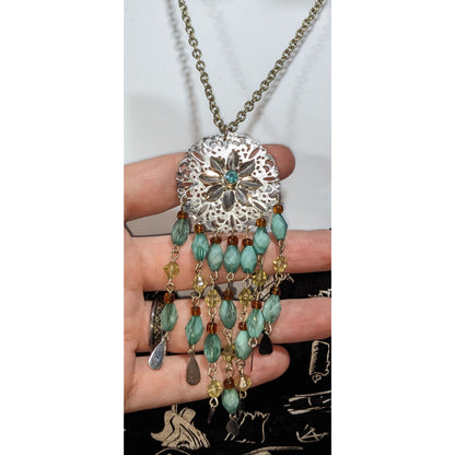 Boho Ethereal Silver Tone Filigree Floral Medallion Beaded Fringe Necklace