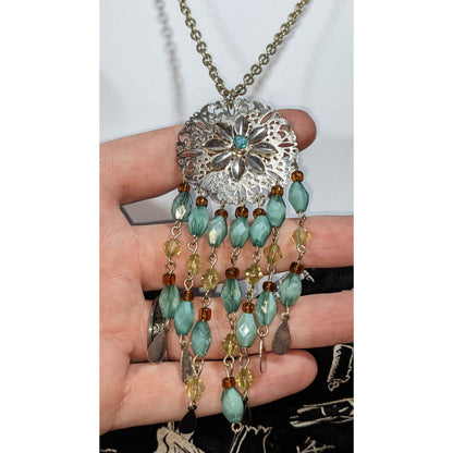 Boho Ethereal Silver Tone Filigree Floral Medallion Beaded Fringe Necklace