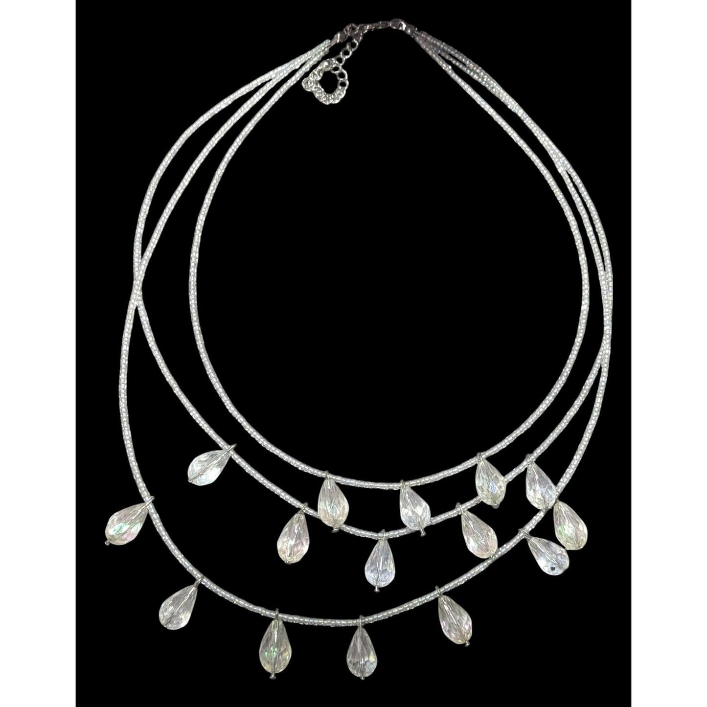 Whimsical Elegant Clear Aurora Borealis Beaded Teardrop Multilayer Necklace