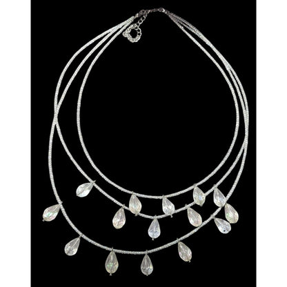 Whimsical Elegant Clear Aurora Borealis Beaded Teardrop Multilayer Necklace