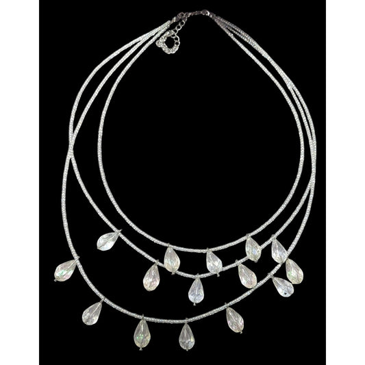 Whimsical Elegant Clear Aurora Borealis Beaded Teardrop Multilayer Necklace