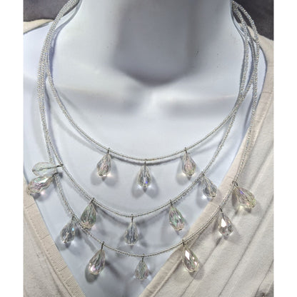 Whimsical Elegant Clear Aurora Borealis Beaded Teardrop Multilayer Necklace