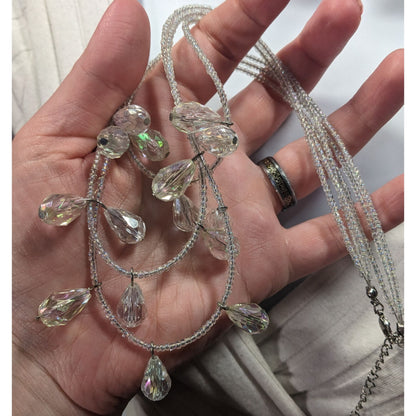Whimsical Elegant Clear Aurora Borealis Beaded Teardrop Multilayer Necklace