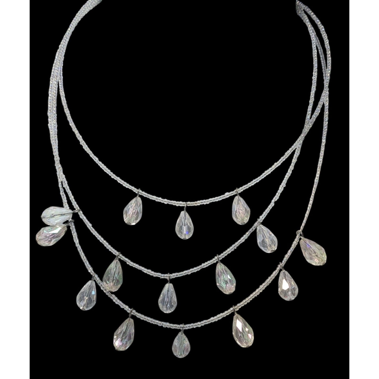 Whimsical Elegant Clear Aurora Borealis Beaded Teardrop Multilayer Necklace