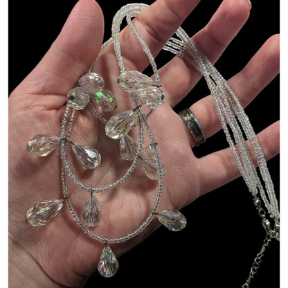 Whimsical Elegant Clear Aurora Borealis Beaded Teardrop Multilayer Necklace