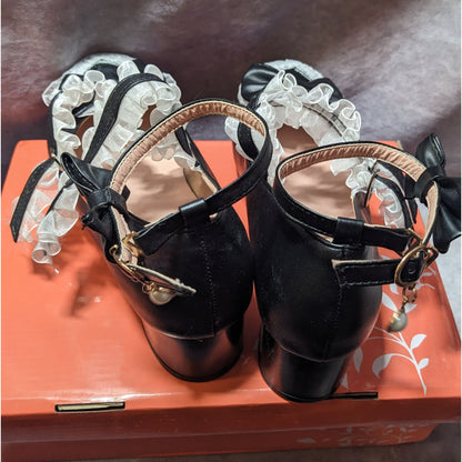 Gothic Lolita Black And White Lace Ruffle Bow Mary Janes