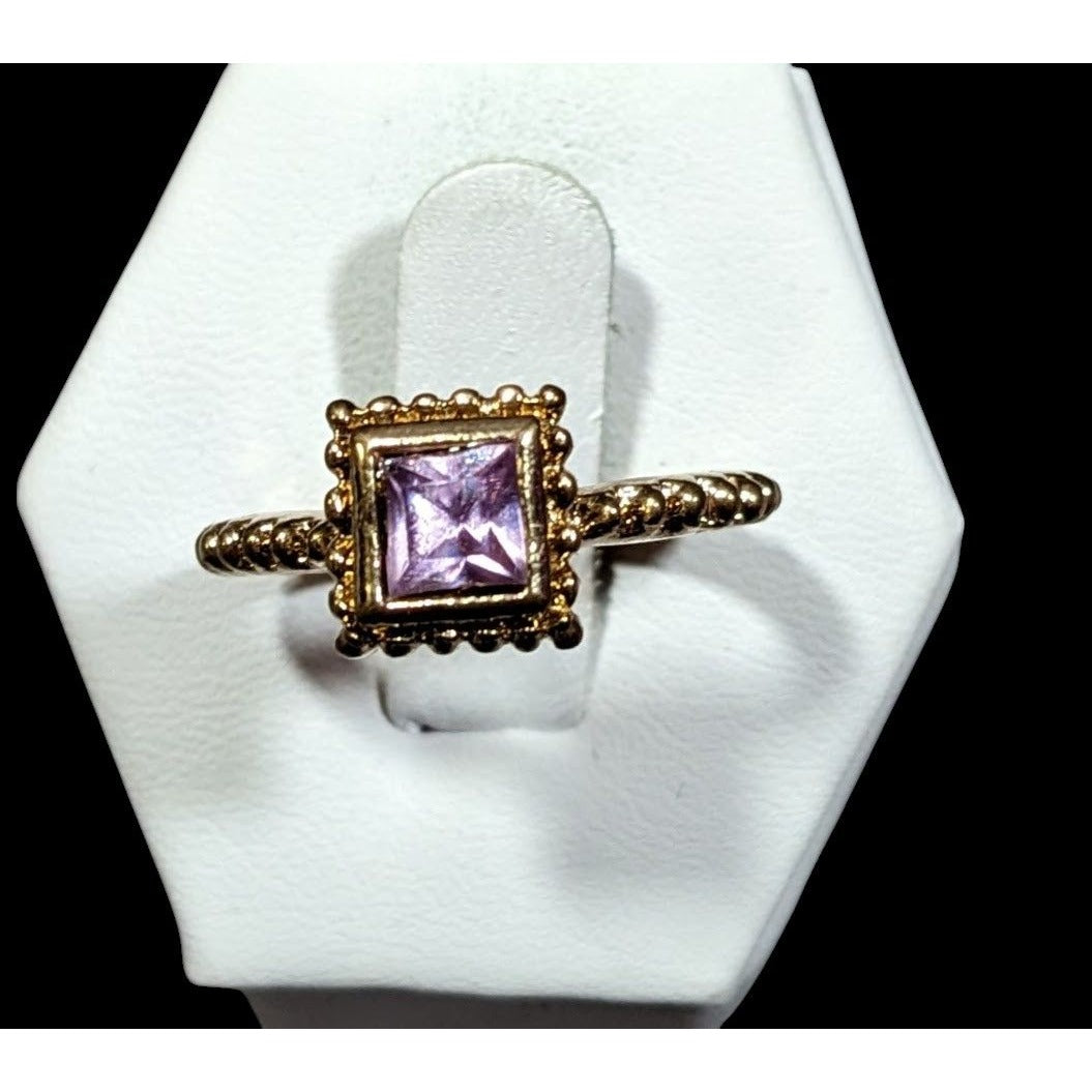 Whimsical Elegant Square Purple Gemmed Gold Tone Ring Size 8