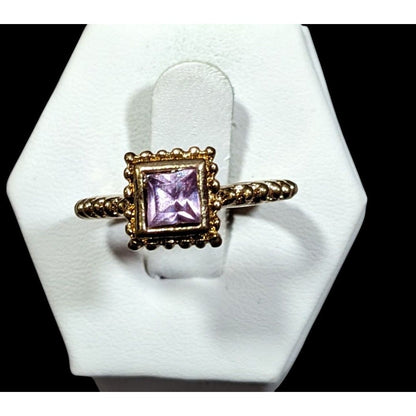 Whimsical Elegant Square Purple Gemmed Gold Tone Ring Size 8