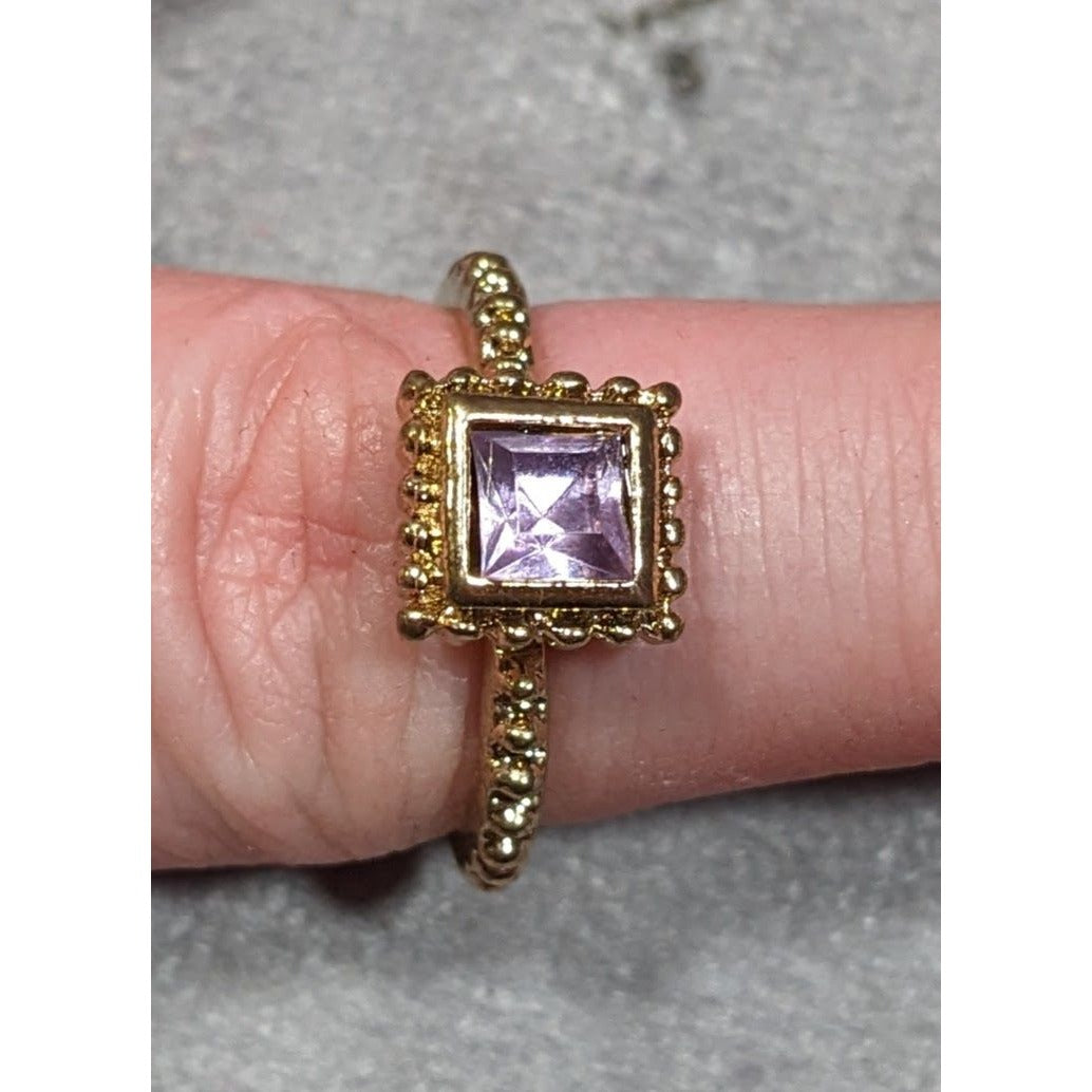 Whimsical Elegant Square Purple Gemmed Gold Tone Ring Size 8